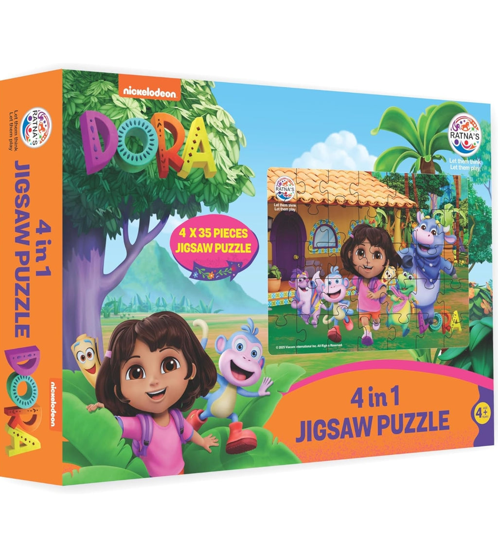 Ratna's Dora 4-in-1 Jigsaw Puzzle Set, 35 Pieces Each Puzzle of Size 24 x 17 cm, Puzzles for Kids for Age 4 + Years